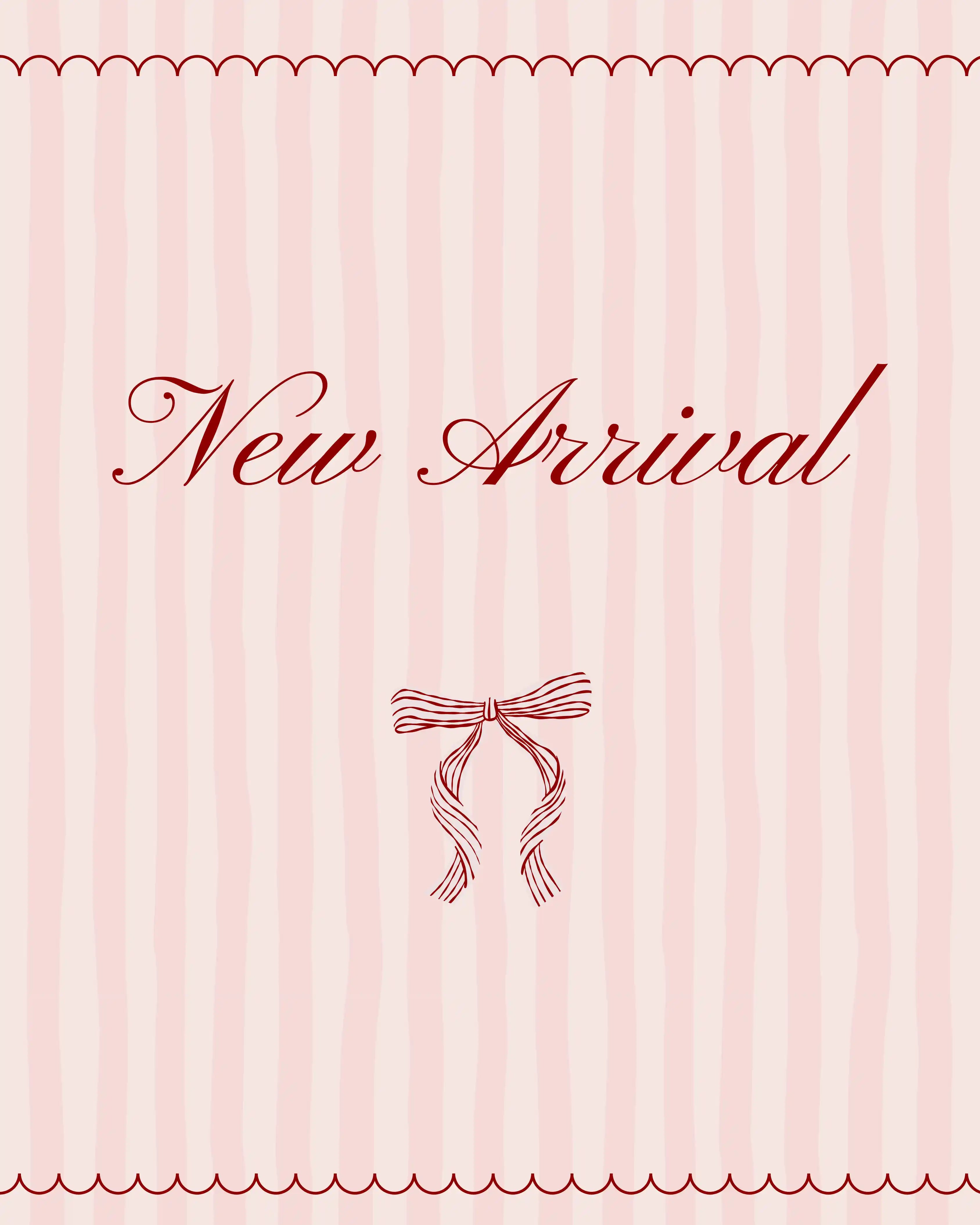 'New Arrival' text with a red ribbon illustration on a pink striped background.