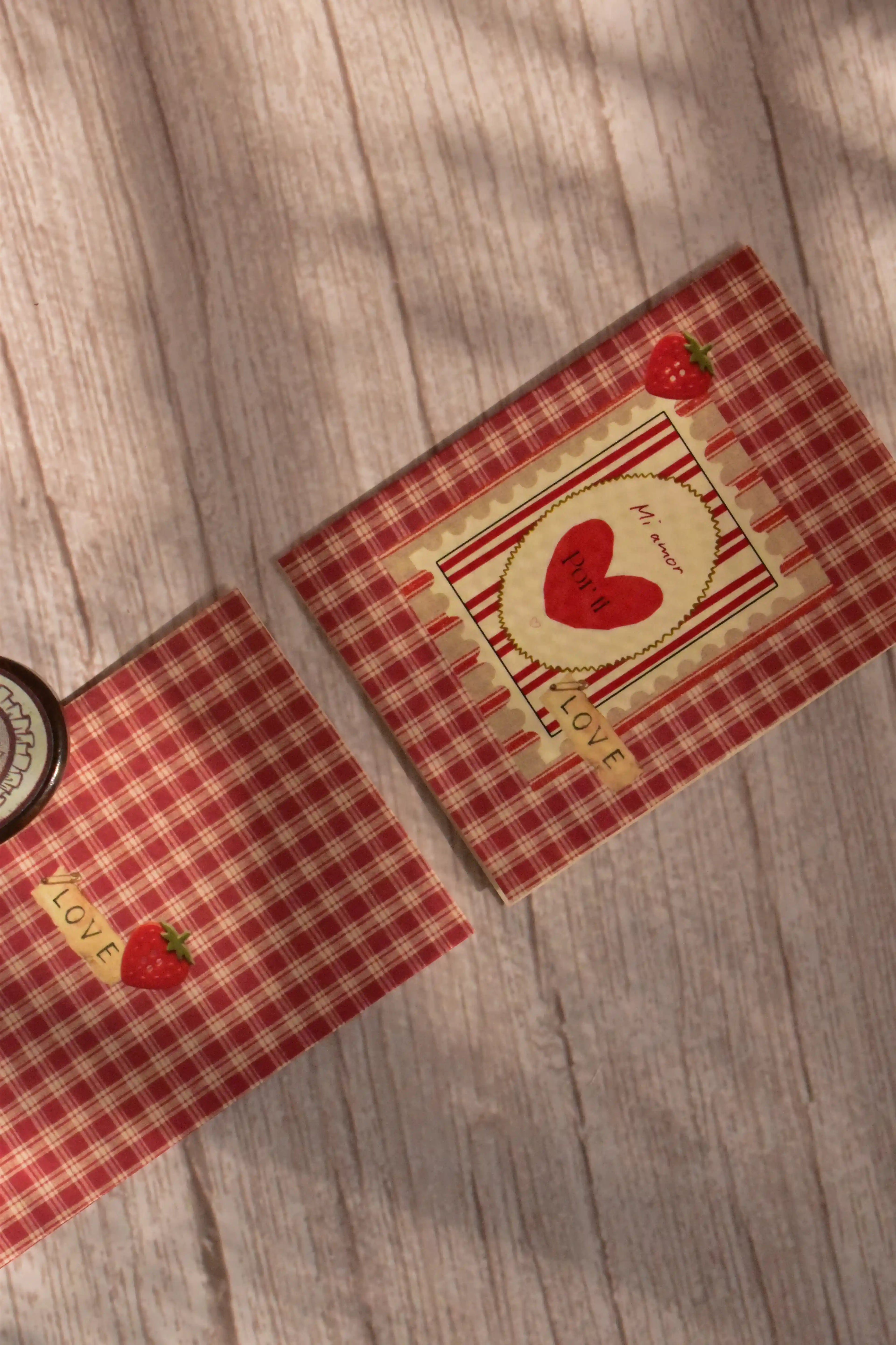 'Mi Amor' Vintage Gingham Love Card | Red Plaid & Strawberry (With Pink Envelope) | Mini Greeting Card