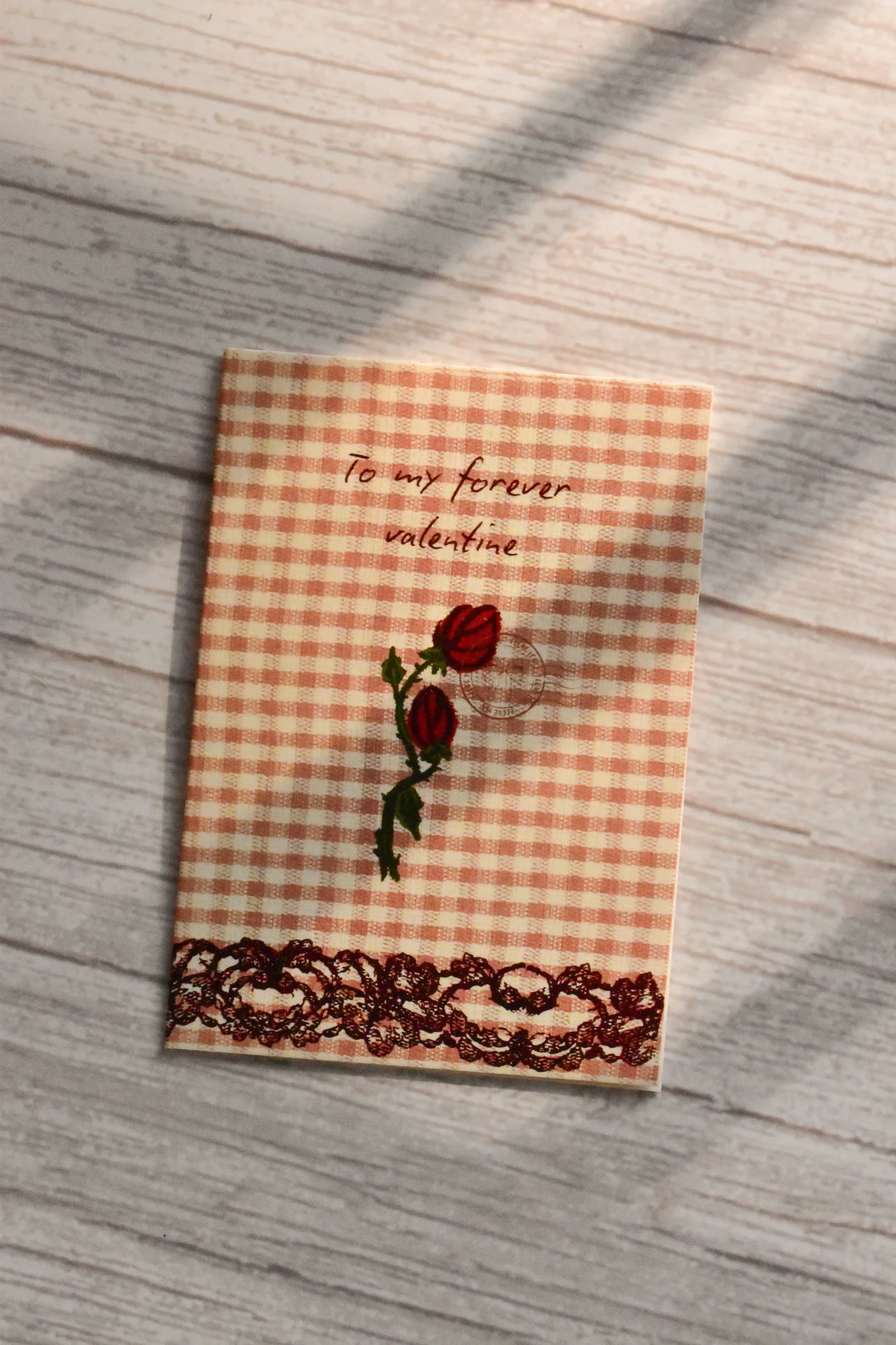 'My Forever Valentine' Mini Love Greeting Card | Vintage Brown Gingham & Roses