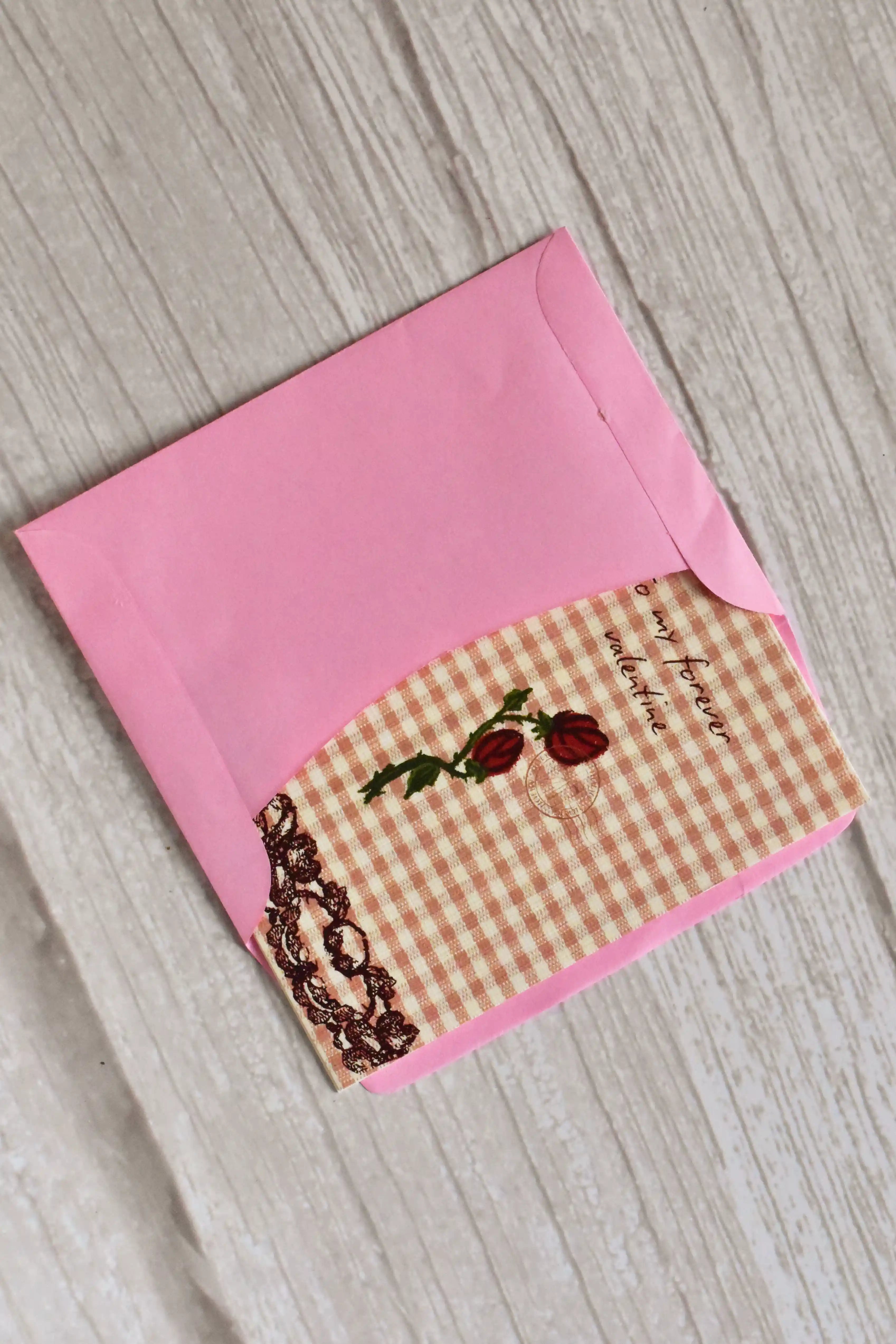 'My Forever Valentine' Mini Love Greeting Card | Vintage Brown Gingham & Roses