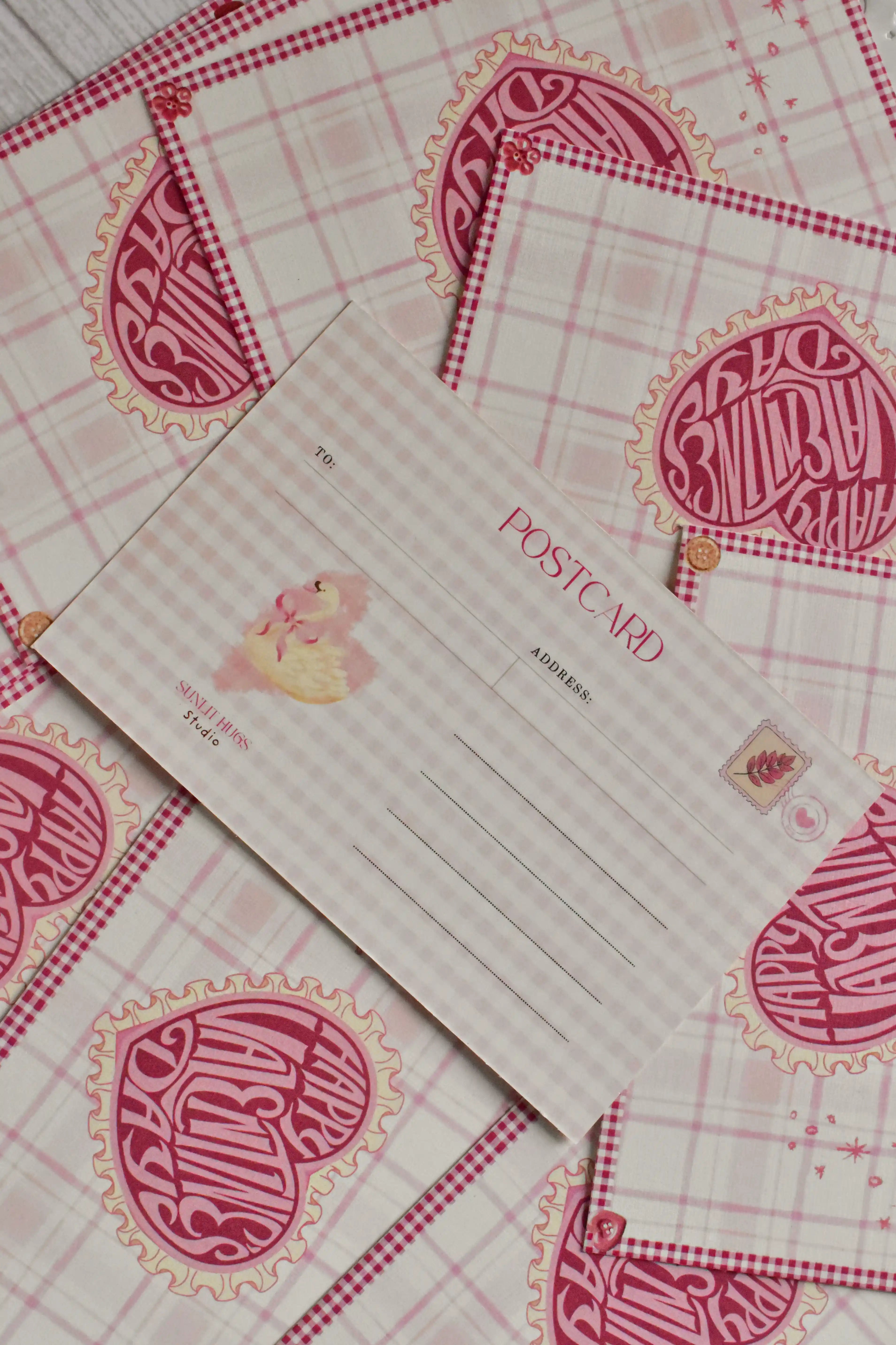 'Happy Valentine's Day' Pink Gingham Postcard | Retro Heart & Swan (4x6 inch)