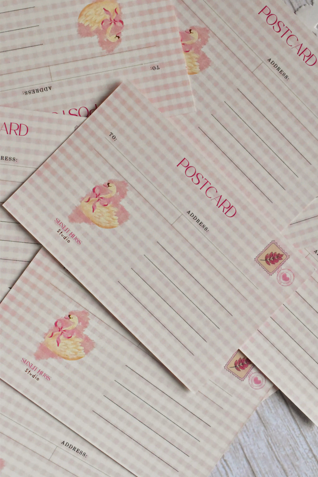 'Happy Valentine's Day' Pink Gingham Postcard | Retro Heart & Swan (4x6 inch)