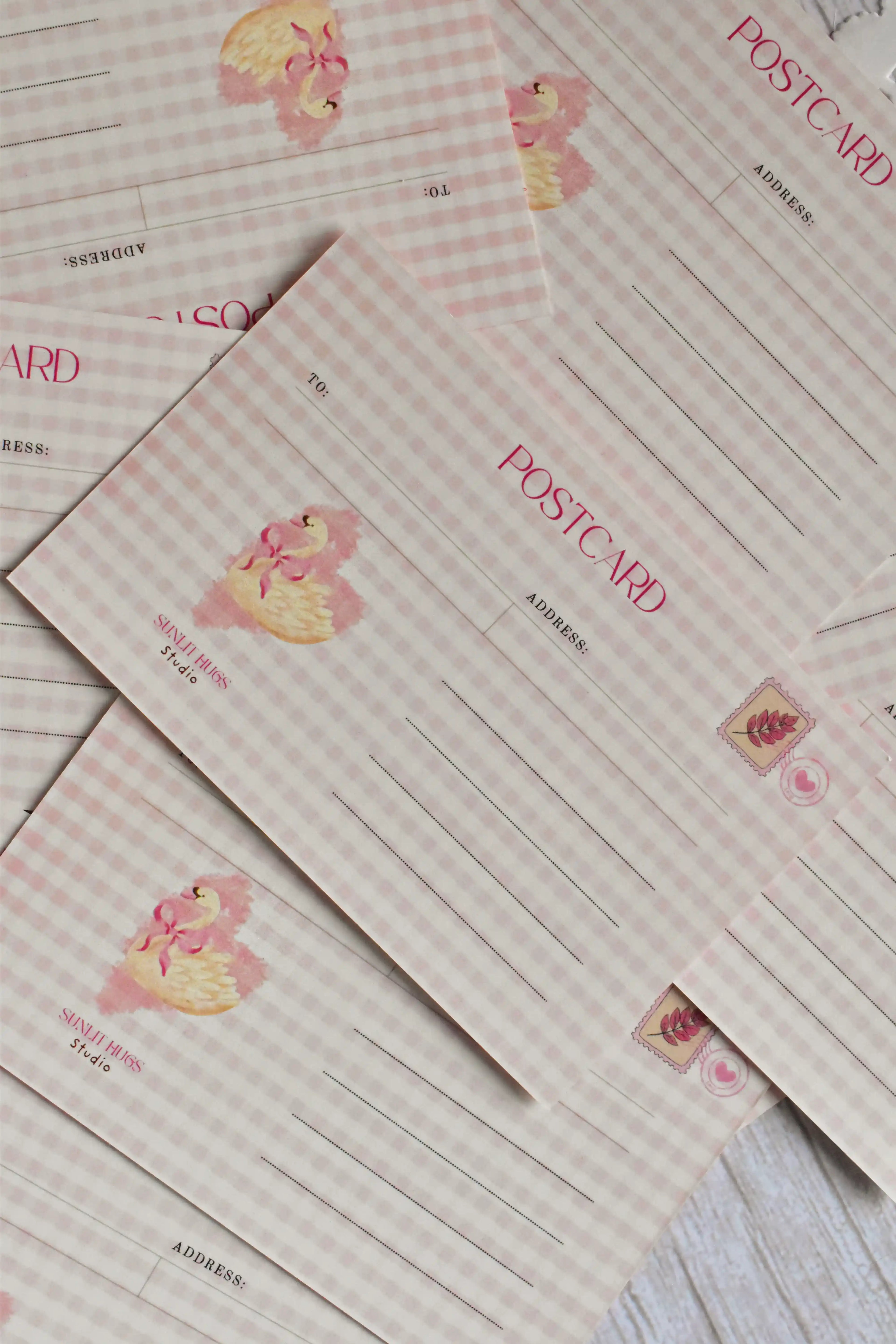 'Happy Valentine's Day' Pink Gingham Postcard | Retro Heart & Swan (4x6 inch)
