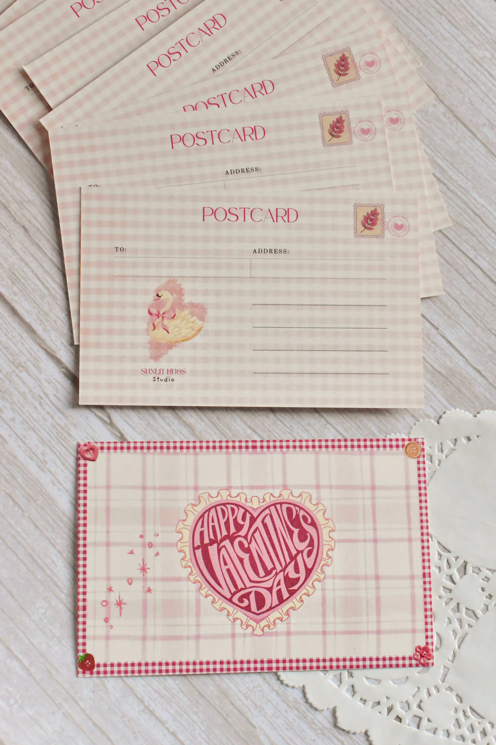 'Happy Valentine's Day' Pink Gingham Postcard | Retro Heart & Swan (4x6 inch)