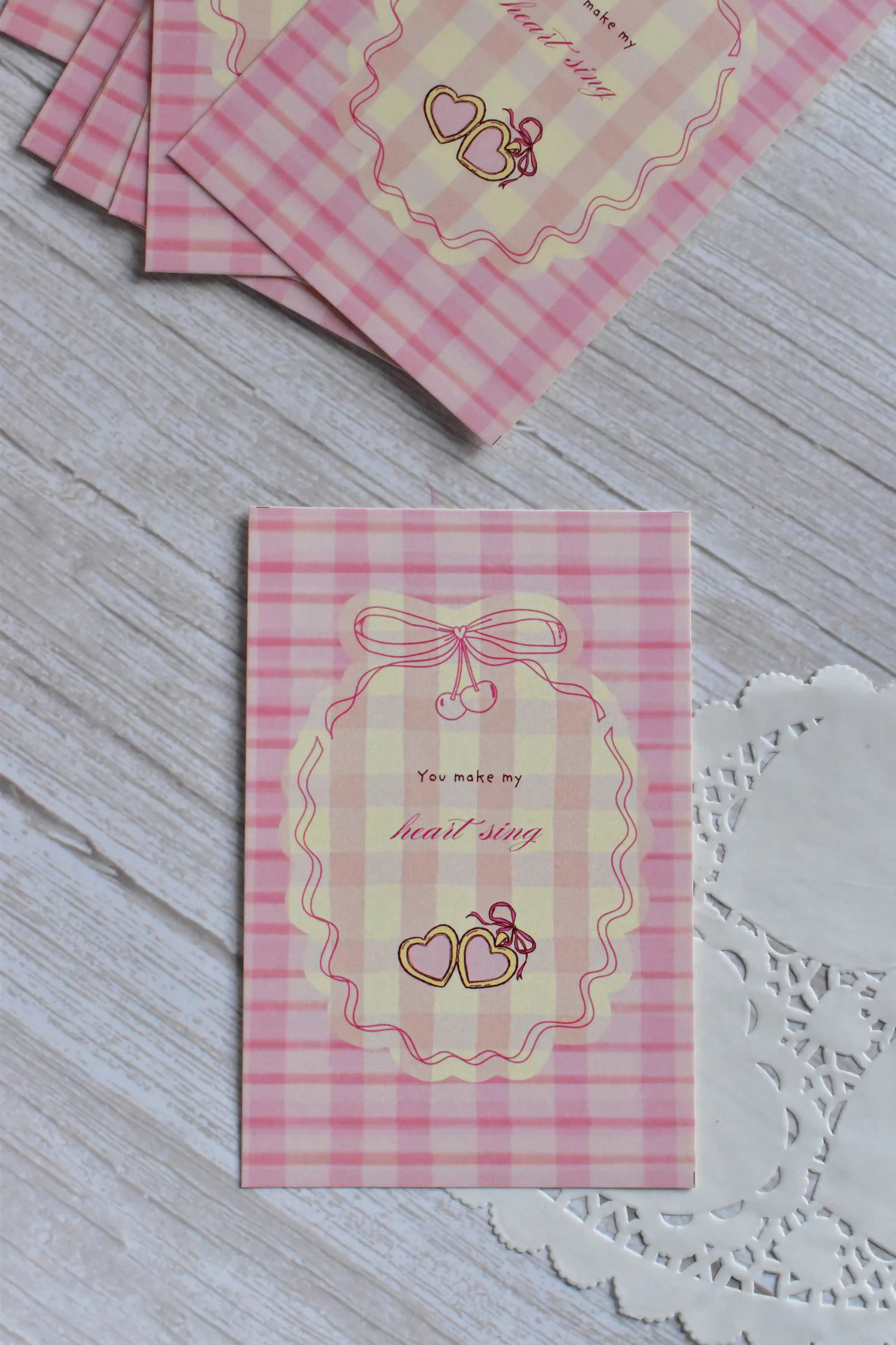 'You Make My Heart Sing' Pink Gingham Postcard | Retro Cherries & Bows (4x6 inch)