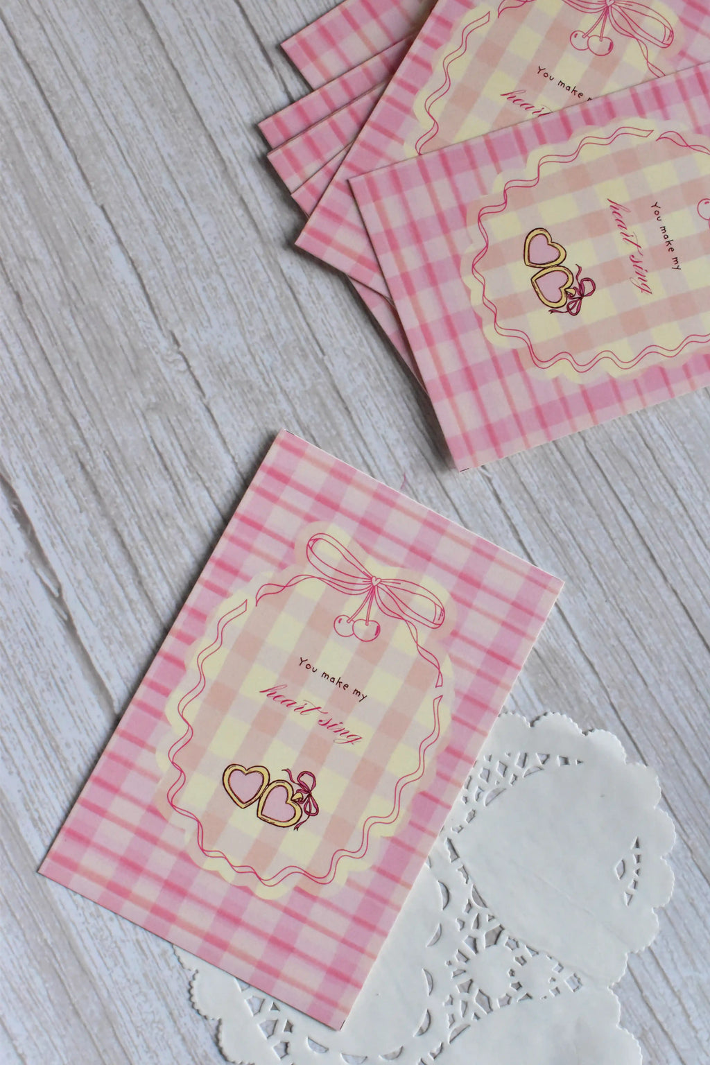 'You Make My Heart Sing' Pink Gingham Postcard | Retro Cherries & Bows (4x6 inch)