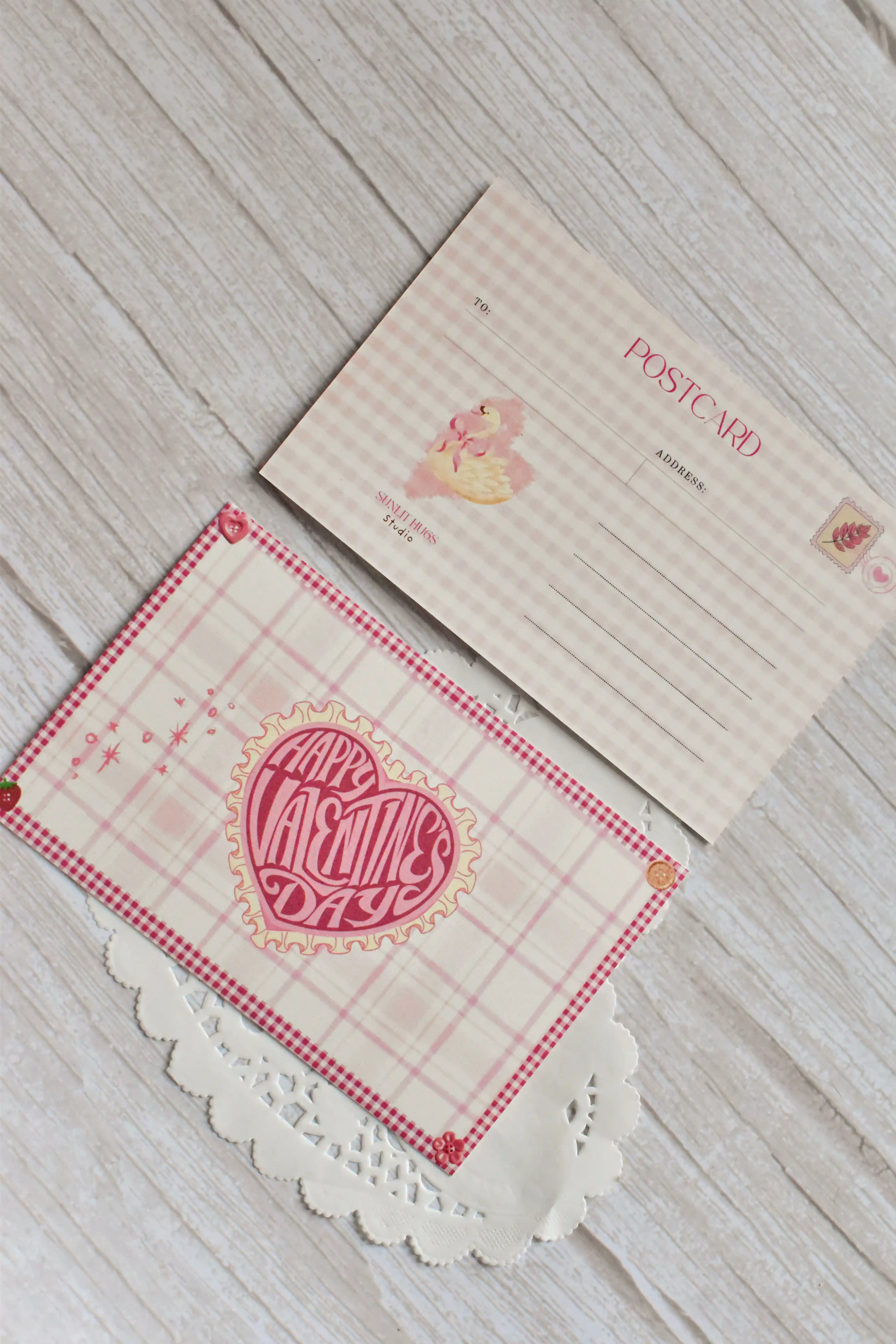 'Happy Valentine's Day' Pink Gingham Postcard | Retro Heart & Swan (4x6 inch)