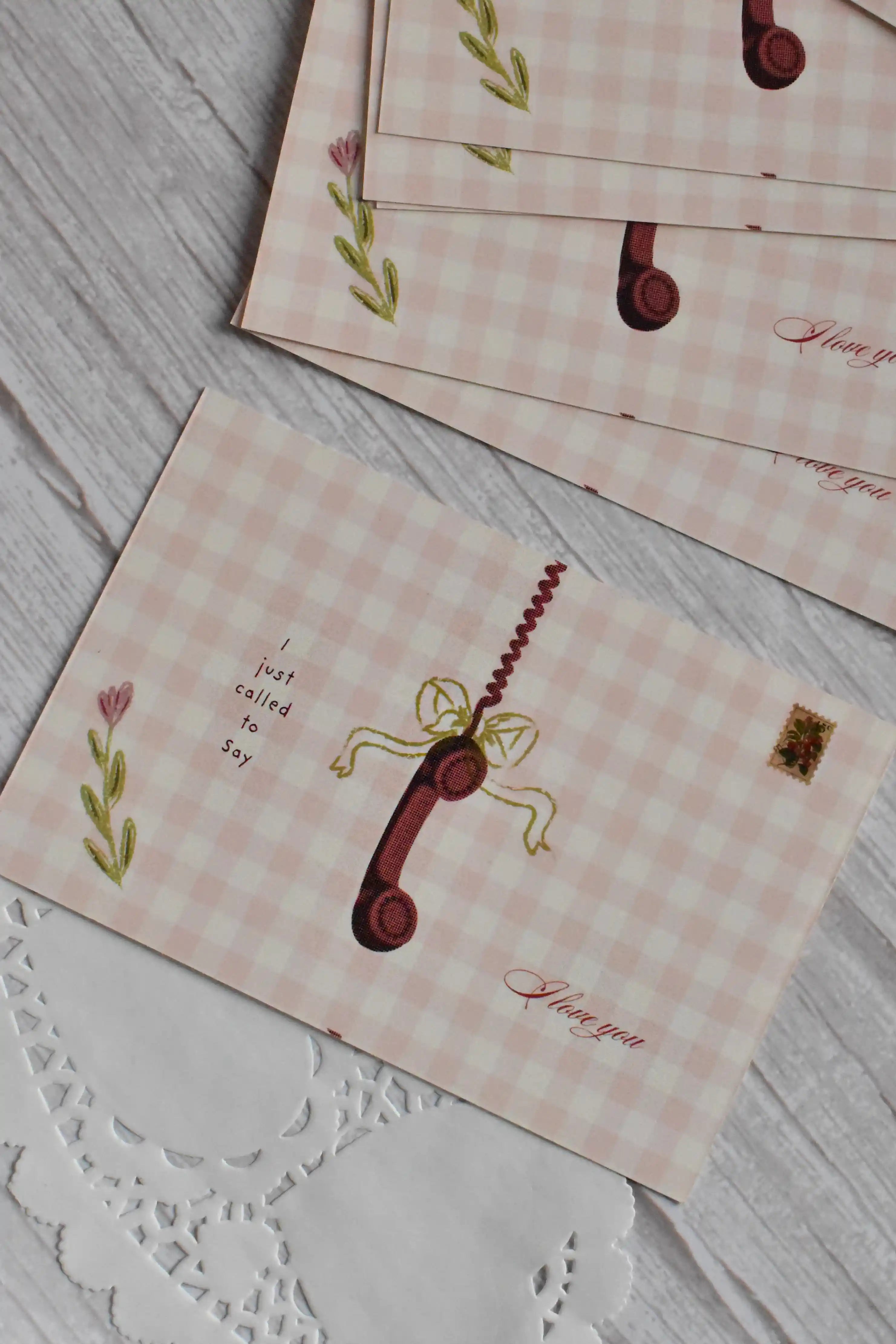 'Just Called to Say I Love You' Vintage Telephone Postcard | Retro Pink Gingham (4x6 inch)
