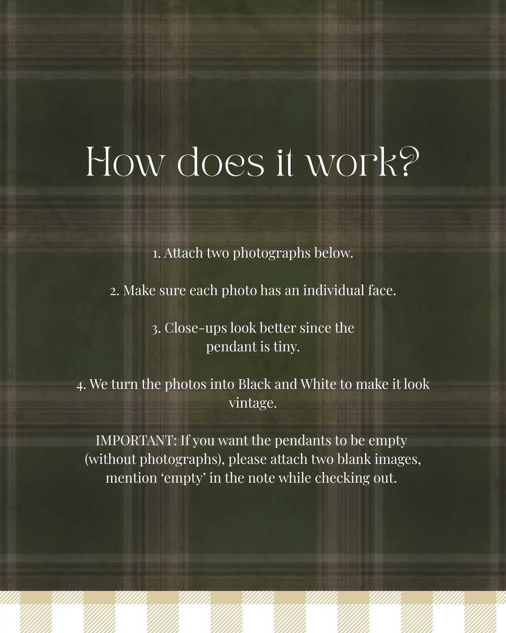 Informational guide for the Golden Photo Book Pendant explaining how to attach close-up photos to be converted into vintage black and white inserts.