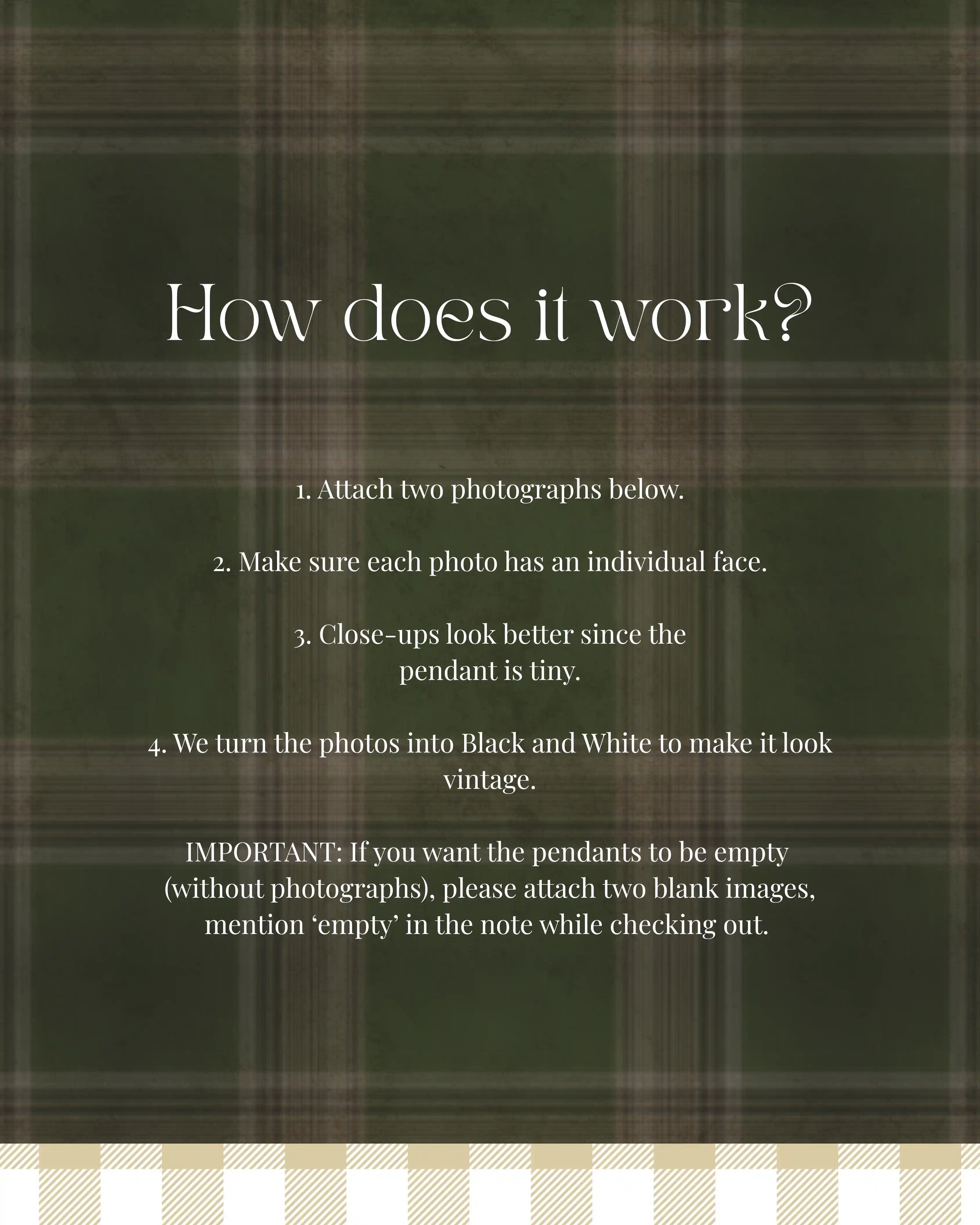 Informational guide for the Golden Photo Book Pendant explaining how to attach close-up photos to be converted into vintage black and white inserts.