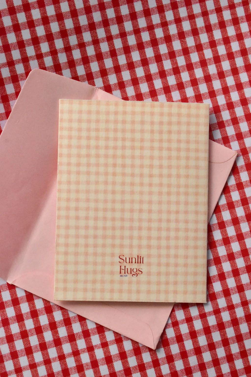 This image displays the back of the Love You Berry Much card. The continuous pink and cream gingham design and the Sunlit Hugs logo add a final touch of cosy, cohesive charm to the set.